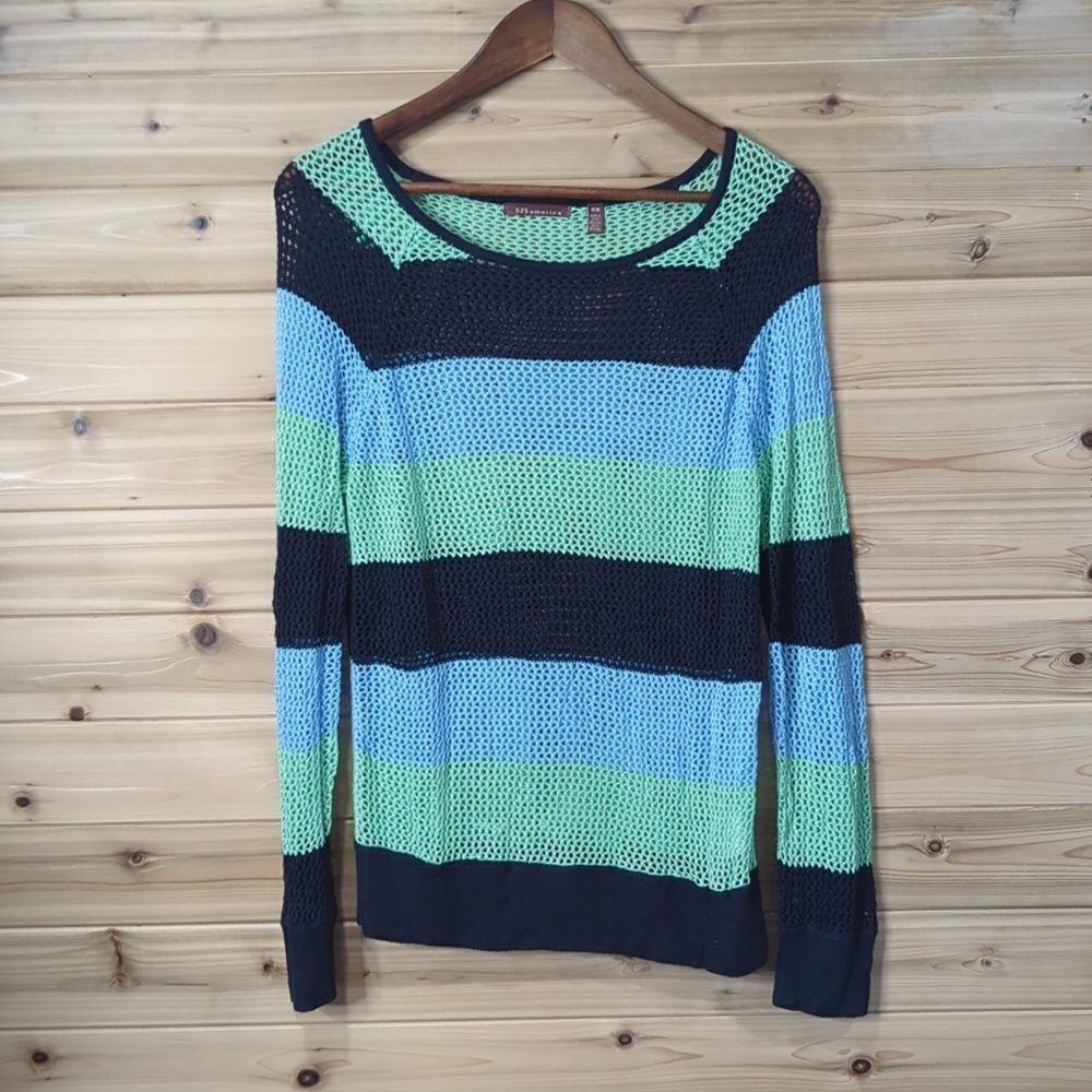 525 America Sweater Womens Medium Blue Stripe Open Knit‎ Colorful